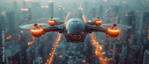 Futuristic drone flying over a modern city. Unmanned aircraft vehicle prototype flying in the sky. Remotely piloted aircraft for a safe and efficient air transport solution.