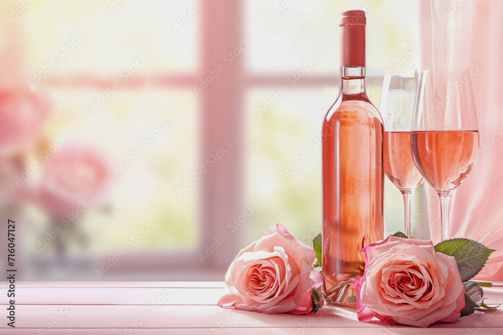 Wine bottle with glass in holiday romance in pastel colours. Advertising photo. Wine bottle with glass in holiday romance in pastel colours. Advertising photo.