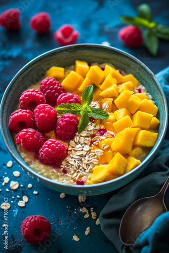 Delicious and healthy breakfast bowl with granola, fresh mango fruit, raspberries and oatmeal, with space for text.