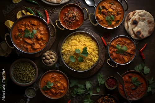 assorted indian curry and rice dishes shot from overhead composition