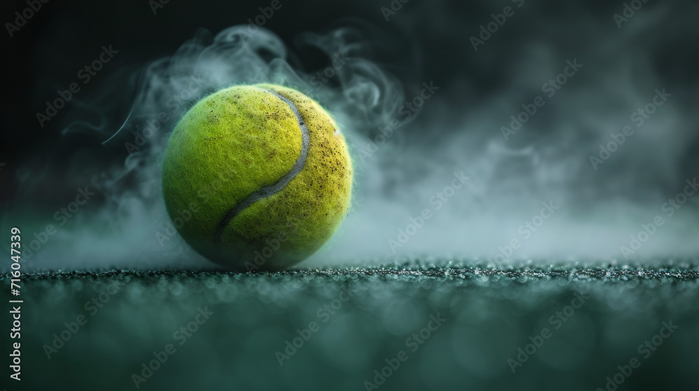 Tennis ball on a dark green light, smoke around.