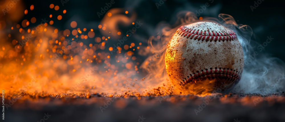 A baseball with smoke around, dark light and orange tones, black background. Space for text. A baseball with smoke around, dark light and orange tones, black background. Space for text.