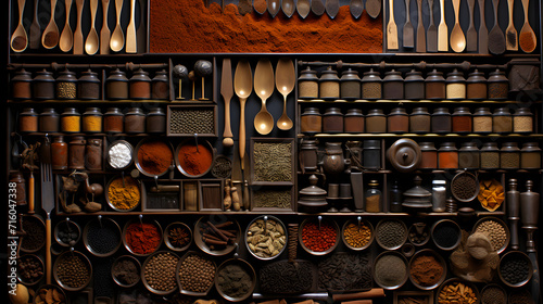 Colored spice background. Spices top view