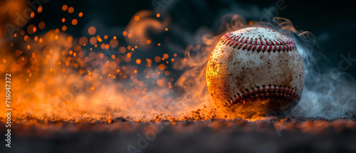 A baseball with smoke around, dark light and orange tones, black background. Space for text.