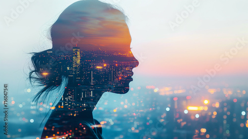 Double Exposure portrait of business woman with city skyline, corporate imagery photo