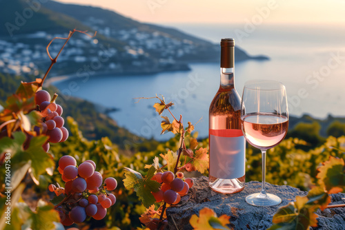 Seaside Wine Retreat. A serene setting with a bottle and a glass of rosé wine on a stone ledge overlooking a vineyard and the distant sea, the perfect combination of nature and relaxation.