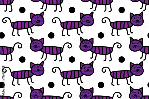 Cute purple cartoon cat, kitten, nice, friendly, lovely, funny, happy, smiling pet. Seamless vector pattern for design and decoration.