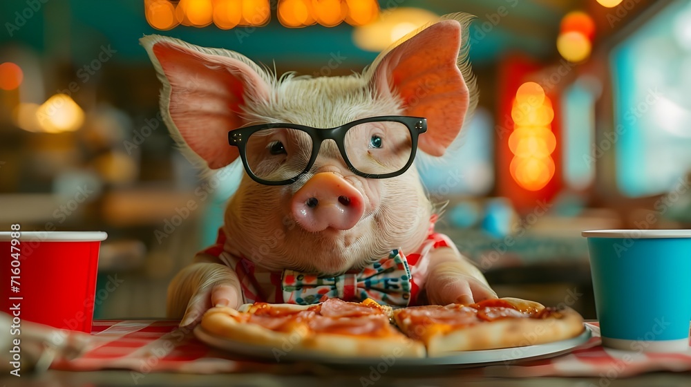Fantasy art background. Funny pig with glasses enjoying a pizza dinner at italian restaurant, 3d rendering unique digital artwork. Modern fun creative concept.