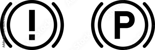 Black Break and Handbreak Warning Light Symbol Icon Set with Exclamation Mark and the Letter P. Vector Image.