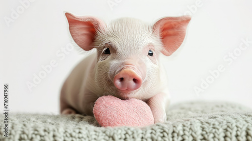 small cute pink pig holding a heart on a blurred background, valentines day, love, symbol, postcard, february 14, piglet, animal, character, illustration photo