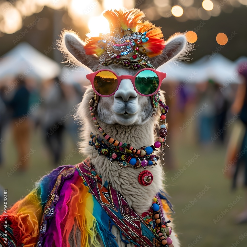 Funny alpaca at a music festival wearing colorful retro vintage 80's hippie outfit sunglasses carnival headdress made of feathers looking posing at camera