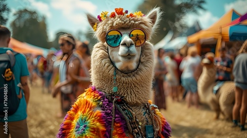 Funny alpaca at a music festival wearing colorful retro vintage 80's hippie outfit sunglasses carnival headdress made of flowers. Flower child hipster happy fashionista.