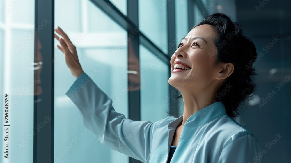 Asian middle age business woman looking at the window Asian middle age business woman looking at the window