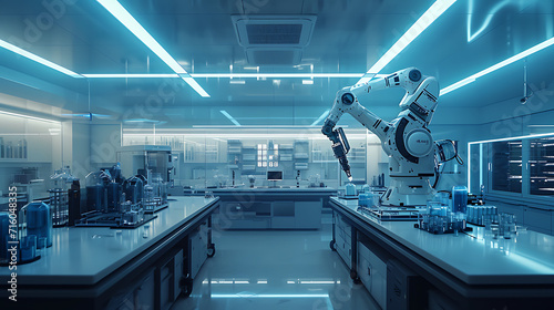 Um laboratório moderno e elegante brilha com luzes azuis suaves criando um ambiente futurista photo