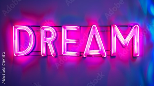 Pink LED Dream concept creative horizontal art poster. Photorealistic textured word Dream on artistic background. Horizontal Illustration. Ai Generated Imagination and Fantasy Symbol.