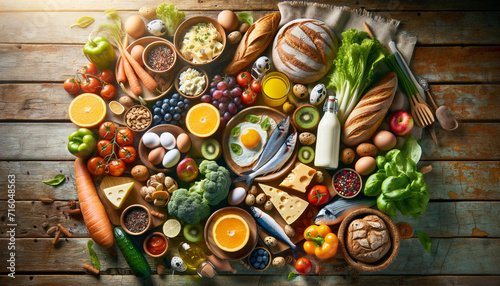 Overhead view featuring a healthy and appealing food spread on a rustic wooden table photo