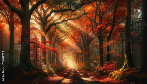 A photo-realistic image of a forest scene in autumn photo
