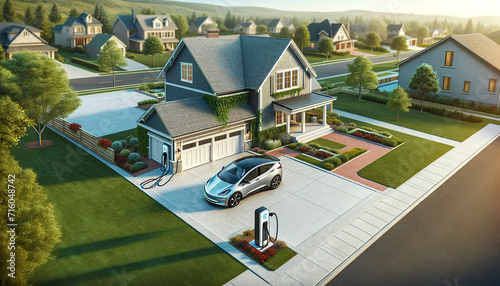 suburban home with large driveway captured from bird's eye view , EV charging