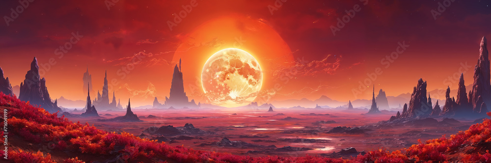 Spectacular scene of a distant world: giant moon hangs over high mountains, embraced by a sea of red and orange plants, creating a breathtaking fantasy landscape at dusk
