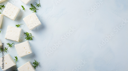Pieces of feta cheese on blue background. Copy space. photo
