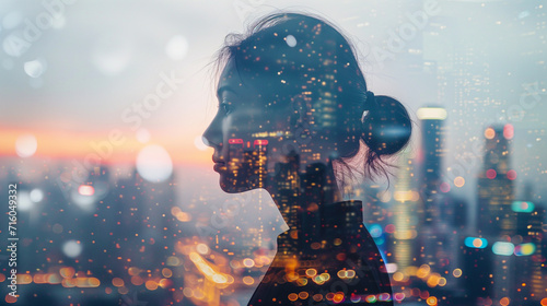 Fototapeta Naklejka Na Ścianę i Meble -  Double Exposure portrait of business woman with city skyline, corporate imagery