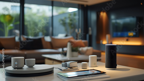 Uma sala de estar moderna e elegante é adornada com dispositivos inteligentes integrados ao decor