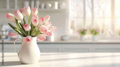 Bouquet of spring tulips in a vase on the kitchen table