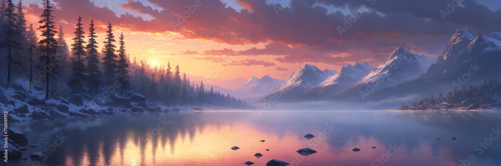 A stunning winter scene: snow covered mountains and forest, with a red sunset sky reflecting in the calm lake