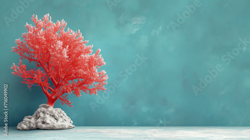 Striking Red Sea Fan Coral on Textured Teal Backdrop - Elegant Ocean-Inspired Wall Art