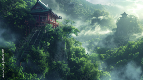 A lengthy staircase ascends a mountain, leading to a mist-covered Asian temple complex