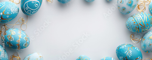 Elegant blue and white Easter eggs arranged on a bright background, decorated with golden patterns, and festive layout with copy space. Banner