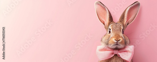 Adorable brown rabbit with a pink bow tie on a soft pink background, evoking cuteness and a springtime festive mood. Easter concept. Banner with copy space.