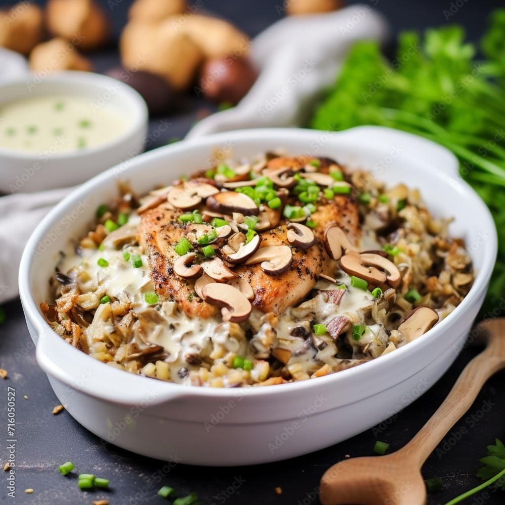 Savor the savory perfection of chicken and wild rice casserole, featuring a creamy mushroom sauce and a crunchy almond topping. A comforting dish that elevates the art of casseroles with every bite.
