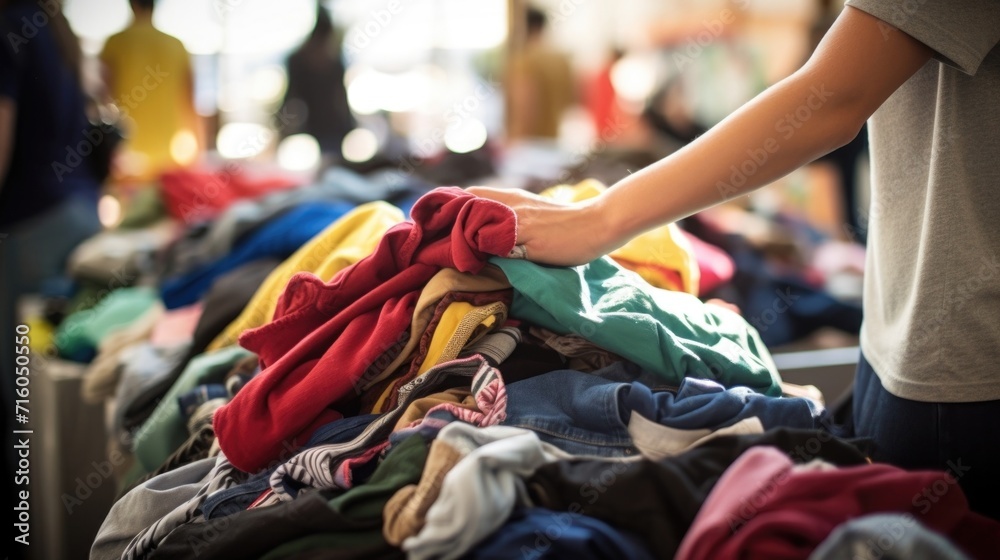Closeup of a pile of donated clothes being sorted by teen volunteers - obrazy, fototapety, plakaty 