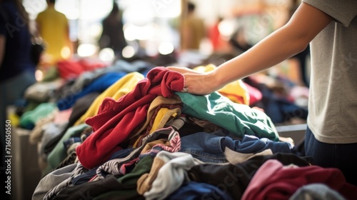 Closeup of a pile of donated clothes being sorted by teen volunteers photo