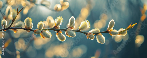 Branch with blooming willows illuminated by soft sunlight against a defocused natural background, symbolizing springtime and new growth. Easter concept. Banner with copy space.