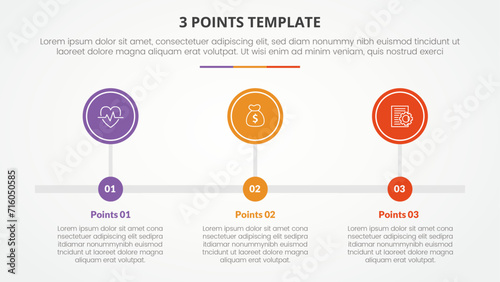 3 points stage template infographic concept for slide presentation with big circle outline horizontal timeline with 3 point list with flat style