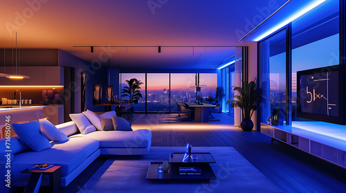 Uma sala de estar moderna e elegante destacando tecnologia de ponta Dispositivos inteligentes integrados ao espaço desde um assistente de