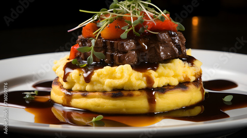 Grilled meat on grill depot with sauce, vegetables and seasonings, ready-made delicious protein food on dark background.