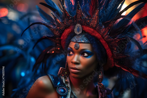 Rio Carnival in the style of vivid explosions of energy, dark blue and red