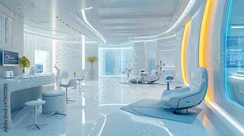 Um consultório médico moderno e elegante está cheio de atividade  O design futurista apresenta linhas limpas e tecnologia de ponta integrada ao ambiente photo