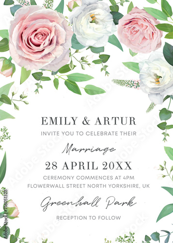 Spring, summer wedding invite design. Elegant watercolor floral save the date card template. Pink, white roses, green eucalyptus branches, leaves, seeds bouquet frame. Editable vector art illustration