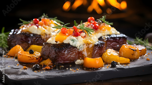 Grilled meat steak on stainless grill depot with flames on dark background. Food concept.