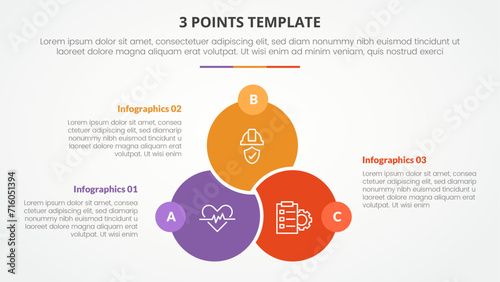 3 points stage template infographic concept for slide presentation with big circle venn linked union badge opposite with 3 point list with flat style
