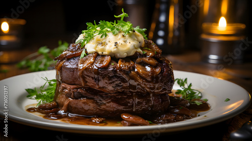 Grilled meat steak on stain...