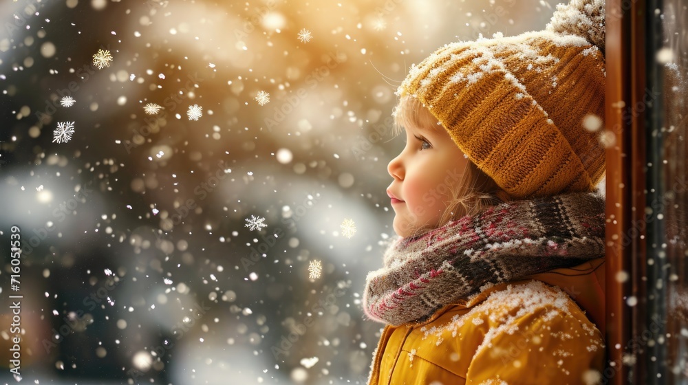 Adorable child looking at the window and first snow flakes with family generative ai Adorable child looking at the window and first snow flakes with family generative ai