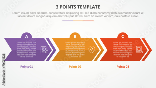 3 points stage template infographic concept for slide presentation with creative arrow horizontal block shape with 3 point list with flat style