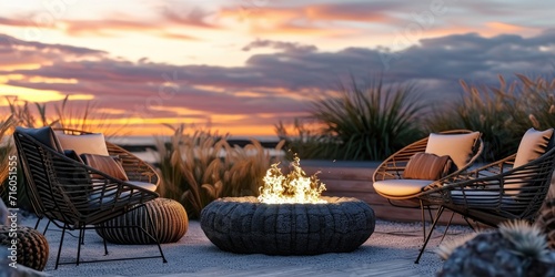 Luxurious chairs and cozy fire pit at a breathtaking sunset photo