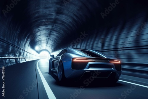 Rear supercar speeding through tunnel. Enhanced artwork. Generative AI