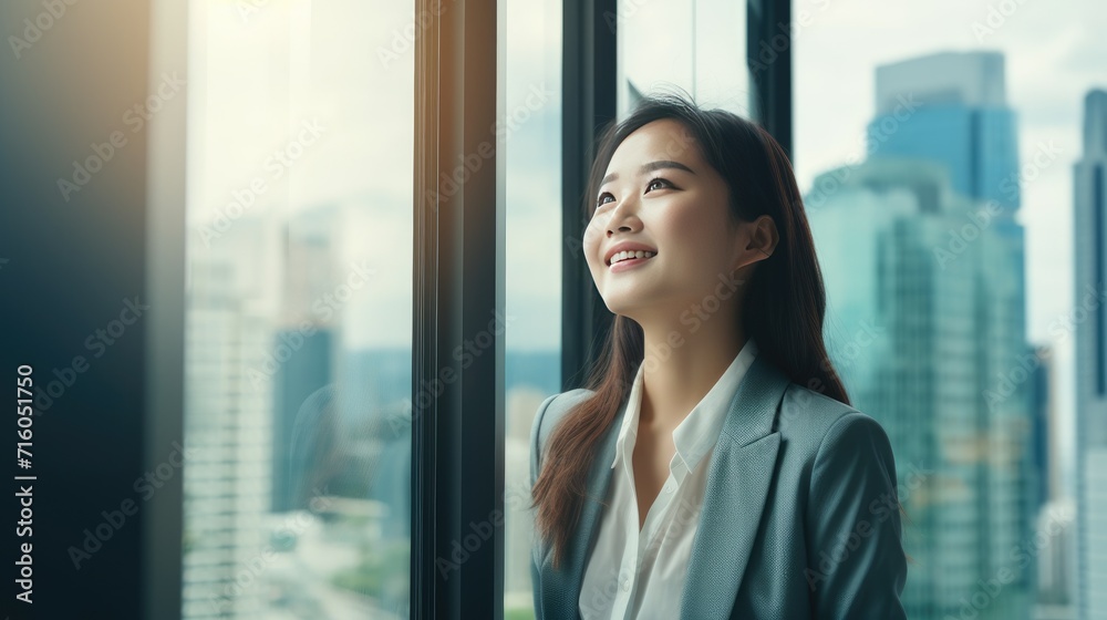 Asian young business woman looking at the window Asian young business woman looking at the window